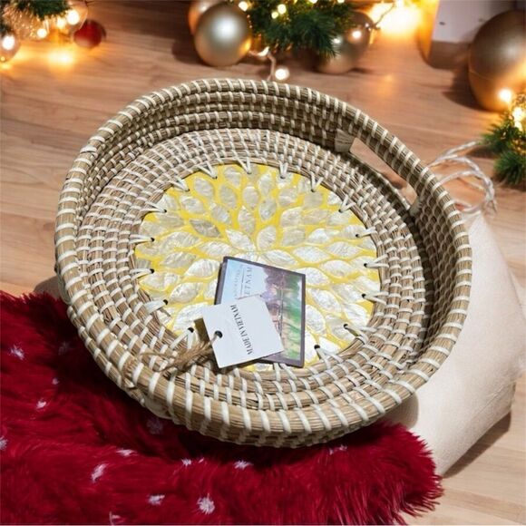 Halinh Rattan & Bamboo Seagrass Round Tray Nacre Base Handmade in Vietnam NWT - Picture 4 of 9